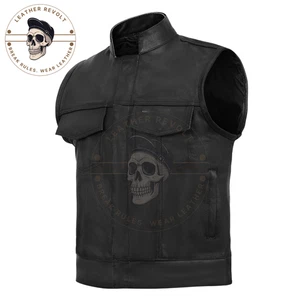 SOA Style Men's Black Genuine Cowhide Leather Motorcycle Vest Biker Club Gear - Picture 1 of 5