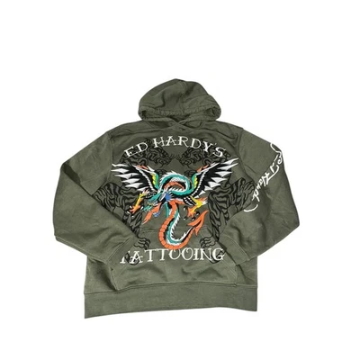 Sudadera con capucha para hombre Ed Hardy Hunter verde talla mediana tatuaje estampado gráfico Foto 1 de 4