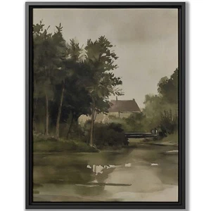 Vintage Watercolor Countryside Landscape Art Canvas Print Framed Wall Decor - Picture 1 of 9