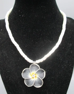 Black White Flower Rhinestone Puka Choker Necklace Surfer 14" Adorable Summer - Image 1 of 4