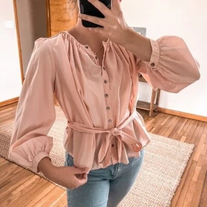 La Vie Rebecca Taylor Pink Silk Blend Balloon Sleeve Bow Button Down Blouse M - Picture 1 of 8