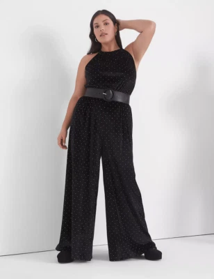 NEW LANE BRYANT BLACK VELOUR HALTER-NECK WIDE LEG STUDDED JUMPSUIT SZ 18/20 - Image 1 of 2
