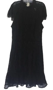 Portmans NWT Black Lace Dress Sz10 Cap Sleeves Frill at Knee Length Satin Lined - Picture 1 of 7