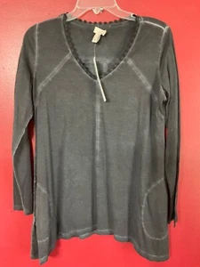 LOGO by Lori Goldstein Distressed Cotton V-Neck Top gray small NWT slit pocket - Picture 1 of 8