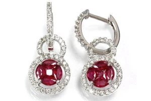 1.6 ctw Natural Red Ruby & Diamond 14k White Gold Drop Dangle Halo Hoop Earrings - Picture 1 of 8