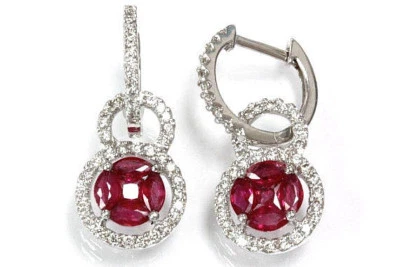 1.6 ctw Natural Red Ruby & Diamond 14k White Gold Drop Dangle Halo Hoop Earrings - Image 1 of 4