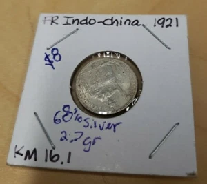 1921  French Indo-China 10 Cents 68% Silver Coin GEMBU  - Picture 1 of 4