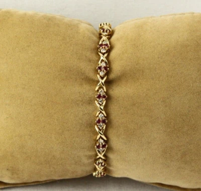 ПРЕКРАСНЫЙ 14K ЖЕЛТОЕ ЗОЛОТО 0,68 CT TW БРИЛЛИАНТ И РУБИН XOXO ТЕННИСНЫЙ БРАСЛЕТ (7-1/4») - Изображение 1 из 4