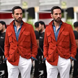 Red Men's Suit Streetshot Ouddoot Menfashion Jacket Tuxedo Suede Party 2Pcs - Picture 1 of 15