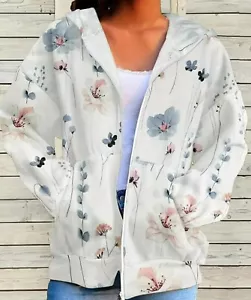 PRETTY BLUE FLORAL ZIP FRONT HOODIE SWEATSHIRT SWEATER WOMENS PLUS SIZE 20 *NIP* - Picture 1 of 6