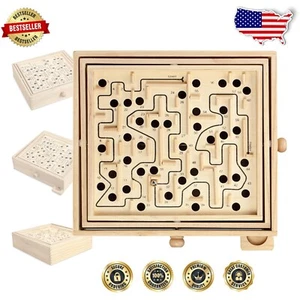 Wooden Labyrinth Game - 13.5" x 13" for Kids 6+ with 60 Challenges - Picture 1 of 8