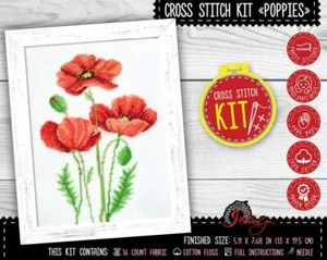 Red poppies cross stitch kit Wildflowers embroidery for adults and kids - Picture 1 of 9