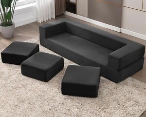 Convertible Velvet Futon Sofa Bed with 3 Ottomans,Queen Couch Bed Sleeper Sofa