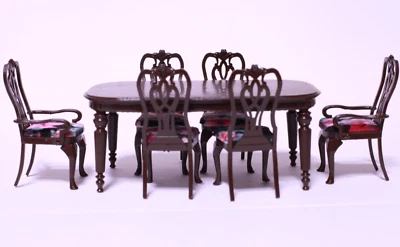 MAKI'S MINI'S 1:24 1/2 Scale Dollhouse Miniature Table with 6 Chairs Espresso Queen Anne 2