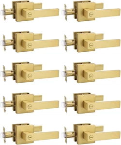 10 Stück Gold Sichtschutz Türhebel, Satin Messing Schlafzimmer Bad Griffe Schlüssellos - Bild 1 von 12