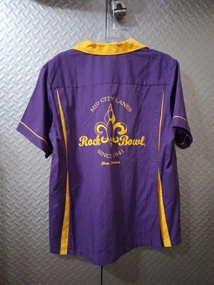 Camisa de boliche masculina Hilton Rock n Bowl Super Bowl Nova Orleans roxa amarela GG - Imagem 1 de 4