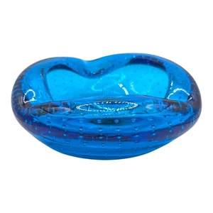 Vintage MCM Blau Kunst Glas Bullicante Kontrolliert Blase Aschenbecher Mundgeblasen - Bild 1 von 15