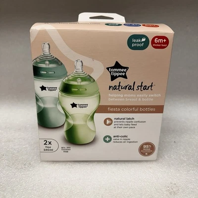 NIB Tommee Tippee Natural Start Fiesta Colorful Baby Bottles 6m+ 2pack 11 oz NEW - Image 1 of 4