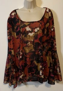 Blusa Ashley Stewart Talla (22/24) Colorida Tono Tierra Floral Manga Campana 3/4 - Imagen 1 de 10