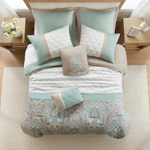 NEW! ~ COZY ELEGANT CHIC BROWN GREY SEA FOAM TEAL GREY GREEN BLUE COMFORTER SET - Picture 1 of 4