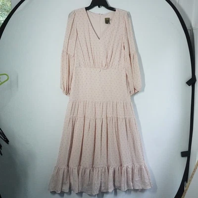 Taylor Women 12 Pink Dotted Tiered Maxi Dress Long Sleeve VNeck Cottage Western - Image 1 of 4