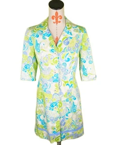 VTG Depeche Mode Yves Cossette Womens 4 Short Slv Paisley Trench Coat Lime Aqua  - Picture 1 of 12