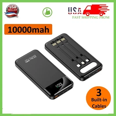 Portable Power Bank 10000mAh Fast Charging Battery with 3 Built in Cable BLK/WHT - Image 1 of 4