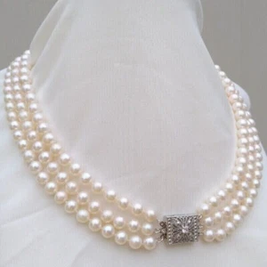 Collar de perlas blancas redondas Akoya de 17""-19"" triple cadena natural 8-9 mm broche 925 - Imagen 1 de 6