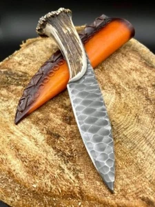 Custom Handmade D2 steel stag antler handle knife with leather sheath - Picture 1 of 1