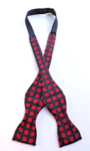 Vintage PURE SILK Bow Tie Self Tie Dark Blue and Large Red Polka Dots Adjustable - Picture 1 of 9