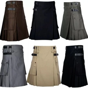 Men's Scottish Highland Cotton Utility Kilt Traditional 2 Cargo Pockets Kilt - Picture 1 of 7