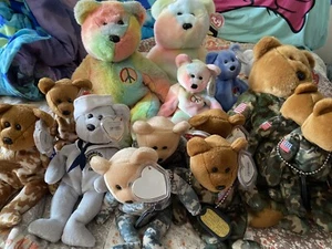 RAR Set 16 Ty Beanie Baby Peace Bear & Military Hero Beanie mit 3 seltenen Erkennungsmarken - Bild 1 von 12