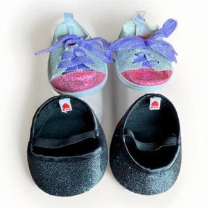 Build A Bear Shoes Sparkle Shoes Pink Silver Black Sneakers Slip-On 2 Pair Lot - Picture 1 of 1