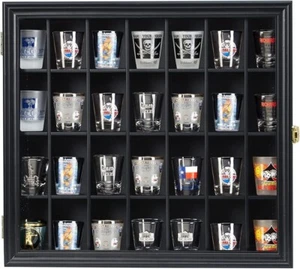 Shot Glass Display Case Wooden Cabinet Rack Holder Wall Mounted Black Shadow Box - Picture 1 of 7
