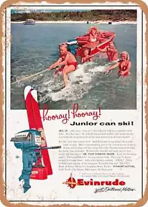 METAL SIGN - 1956 Hooray Hooray Junior Can Ski Evinrude Vintage Ad - Picture 1 of 2