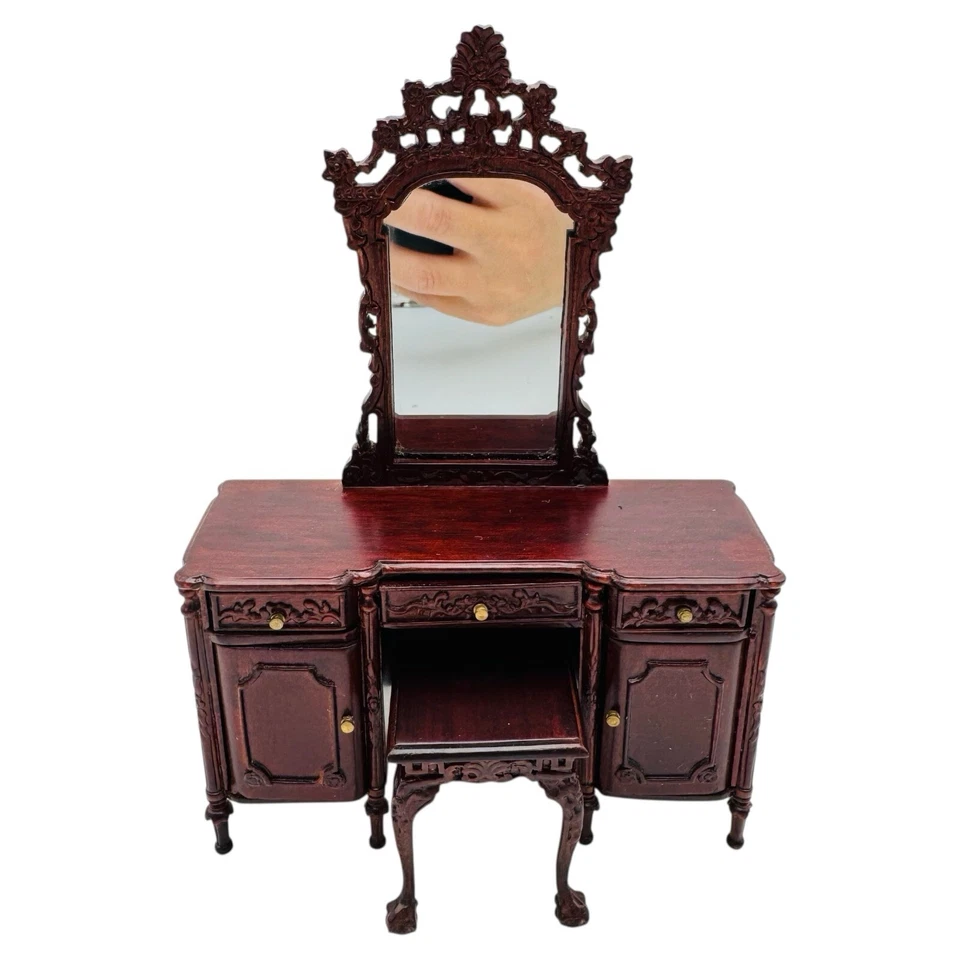 Dollhouse Bespaq Bedroom Vanity & Stool 1:12 Ornate Carved Wooden Design RARE - Image 1 of 4