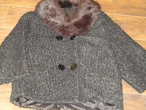 Vintage curly Persian lamb coat with rabbit fur collar 3/4 sleeve - Picture 1 of 4