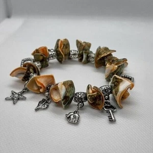𝅺Sea Shell & Silver Charms Bracelet Beach Ocean Elephant Key Heart Star Stretch - Picture 1 of 5