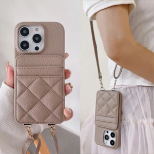 Custodia per iPhone 16 15 Pro Max 14 13 12 pelle slot scheda tracolla cordino cover - Foto 1 di 20