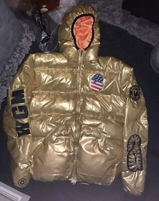 Bape A bathing ape Gold shiny embroidery wind stopper rare puffa jacket coat XL - Image 1 of 3