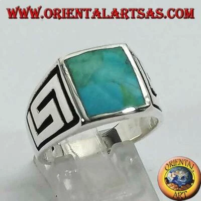 Anello in argento 925 ‰ con turchese naturale quadrato e labirinto sui lati - Immagine 1 di 4