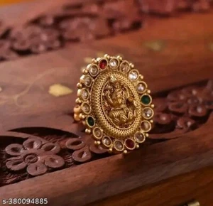 Anello regolabile Kundan stile Bollywood indiano meridionale placcato oro set gioielli - Foto 1 di 2