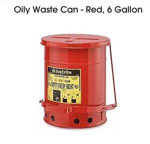 Justrite 09100 -Oily Waste Can, 6 Gallon, Galvanized Steel, Red, Foot (NEW-open) - Picture 1 of 6