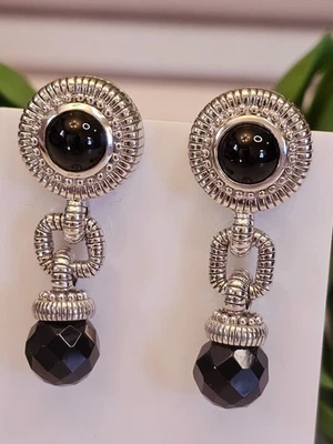 Pendientes colgantes Judith Ripka espinela negra plata de ley 925 firmados por Tailandia Foto 1 de 4