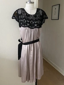 Thurley Black Lace / Taupe Brown Silk above Knee Length Dress With Sash Size 12 - Picture 1 of 6