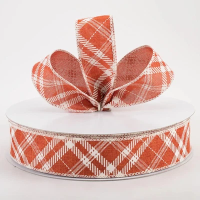 1.5" Linen Hazel Diagonal Plaid Ribbon: Orange (10 yards) - Image 1 of 2