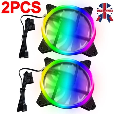 2x 120mm RGB Ring LED PC Case Fan Quiet 3 Pin + 4 Pin Connector 36CFM 23dBA NEW