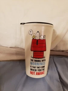 Hallmark Peanuts Snoopy "The Trouble With Mornings" Ceramic Travel Mug - Picture 1 of 6