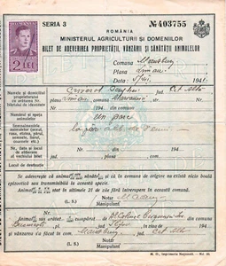 Romania, 1941, Certificate of Property, Sale and Animal Health - Revenue, Fiscal - Picture 1 of 2