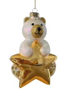 Margaret Cobane Scottish White Bear With Star Large Glass Christmas Ornamemt - Picture 1 of 10